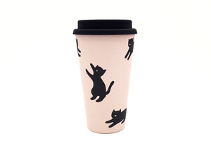 Tasse écologique en fibre de bambou pour le transport du thé, motifs chats noirs sur fond rose